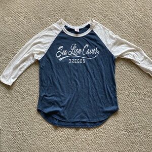 NEW Sea Lion Caves Oregon Women’s Baseball T-Shirt Navy Blue Grey Small NWOT